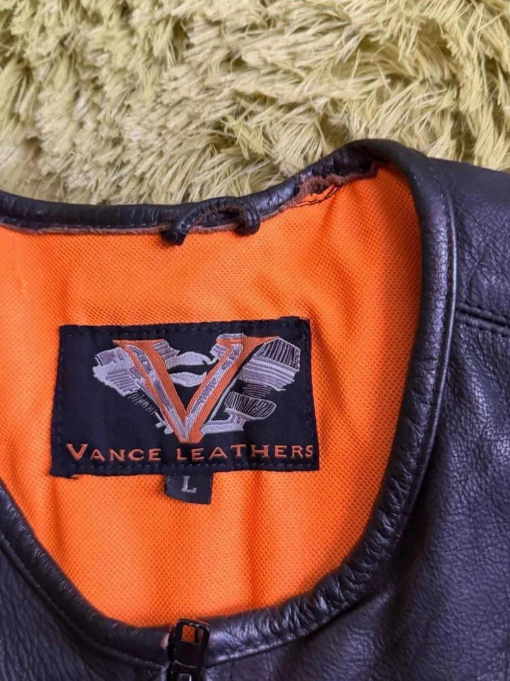 Black Leather Motorcycle Vest with Orange Lining